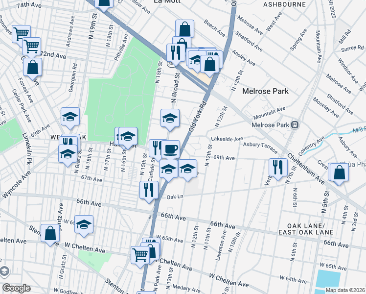 map of restaurants, bars, coffee shops, grocery stores, and more near 6828 Old York Road in Philadelphia