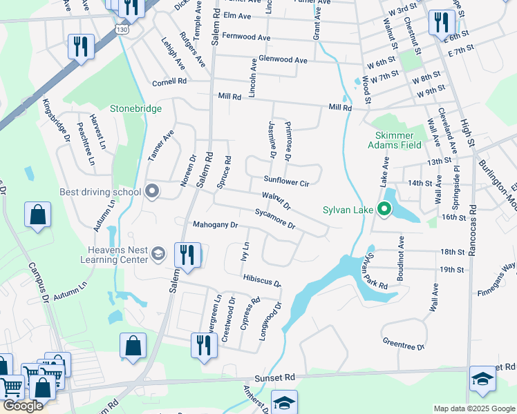 map of restaurants, bars, coffee shops, grocery stores, and more near 17 Sycamore Drive in Burlington Township