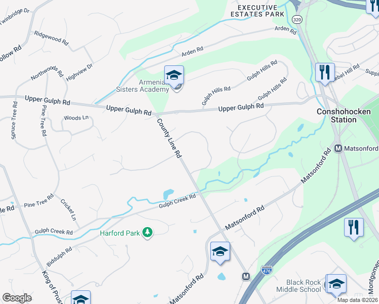 map of restaurants, bars, coffee shops, grocery stores, and more near 1260 County Line Road in Wayne
