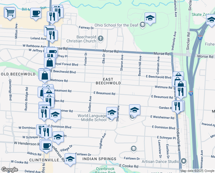 map of restaurants, bars, coffee shops, grocery stores, and more near 356 East Beaumont Road in Columbus