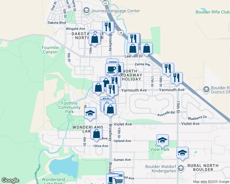 map of restaurants, bars, coffee shops, grocery stores, and more near 4580 Broadway in Boulder