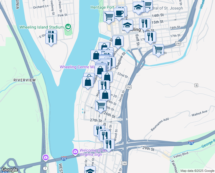 map of restaurants, bars, coffee shops, grocery stores, and more near 2301 Chapline Street in Wheeling
