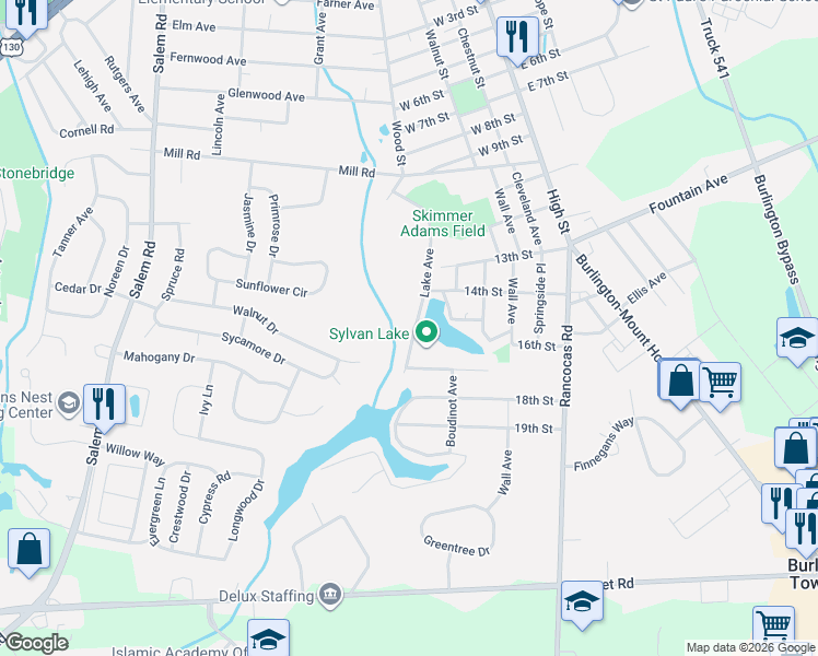 map of restaurants, bars, coffee shops, grocery stores, and more near 1600 Lake Avenue in Burlington Township