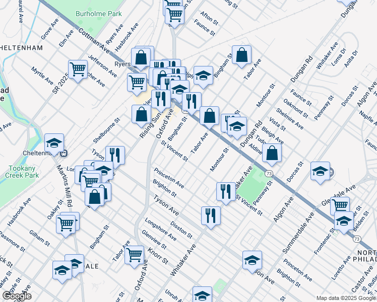 map of restaurants, bars, coffee shops, grocery stores, and more near 7152 Tabor Avenue in Philadelphia