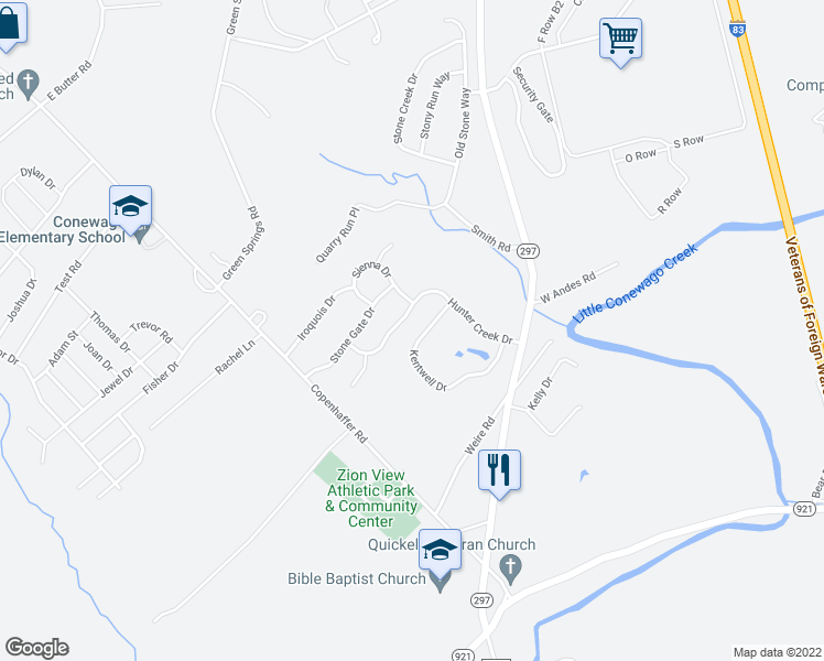 map of restaurants, bars, coffee shops, grocery stores, and more near 300 Kentwell Drive in York