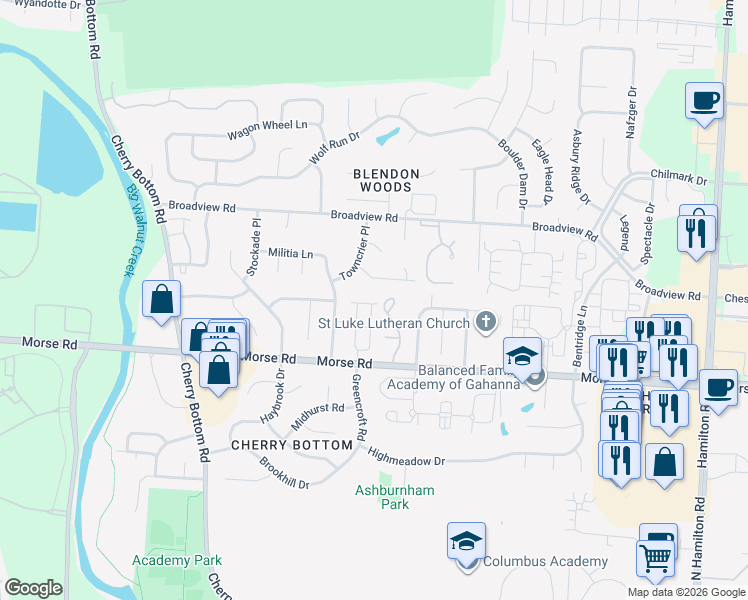 map of restaurants, bars, coffee shops, grocery stores, and more near 5366 Primrose Hill Drive in Columbus