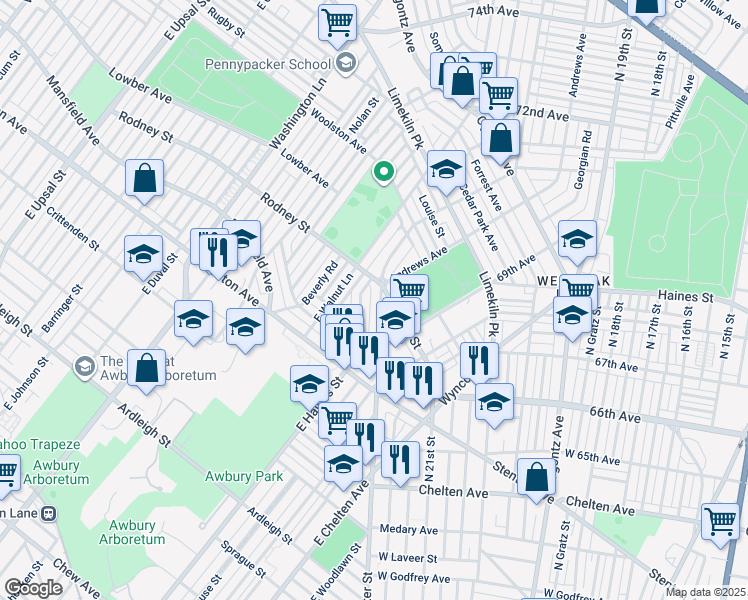 map of restaurants, bars, coffee shops, grocery stores, and more near 6970 Wister St in Philadelphia