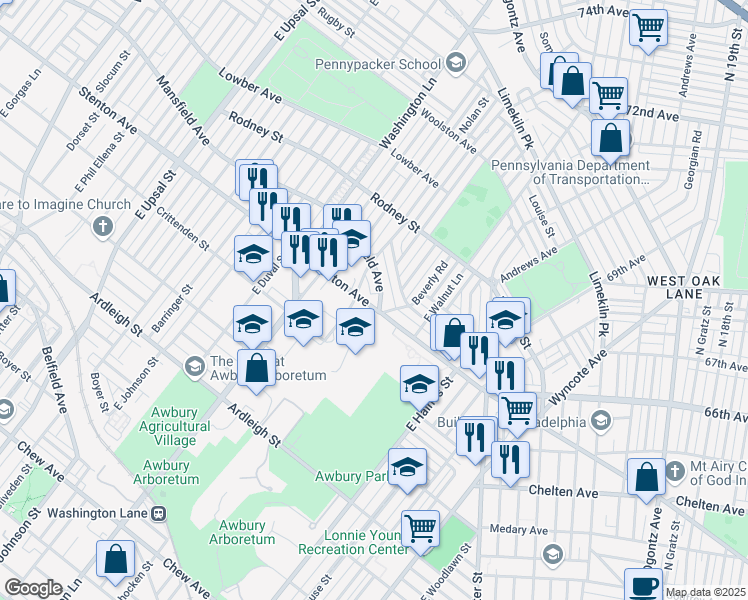 map of restaurants, bars, coffee shops, grocery stores, and more near 7203 Stenton Avenue in Philadelphia