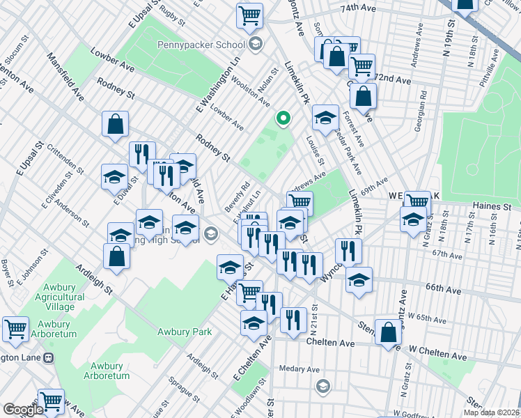 map of restaurants, bars, coffee shops, grocery stores, and more near 2135 Homer Street in Philadelphia