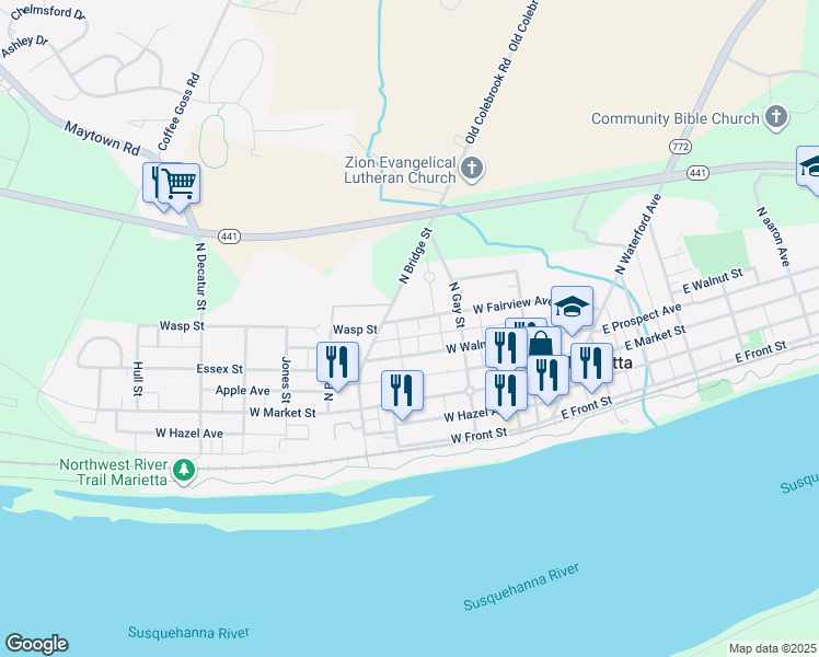 map of restaurants, bars, coffee shops, grocery stores, and more near 214 West Fairview Avenue in Marietta