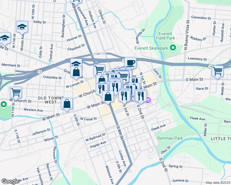 map of restaurants, bars, coffee shops, grocery stores, and more near 40 West Main Street in Newark