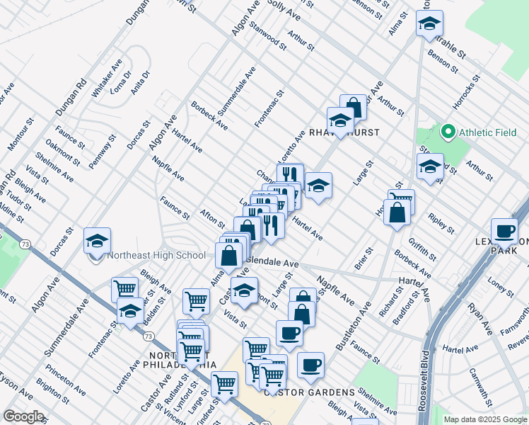map of restaurants, bars, coffee shops, grocery stores, and more near 1919 Lansing Street in Philadelphia