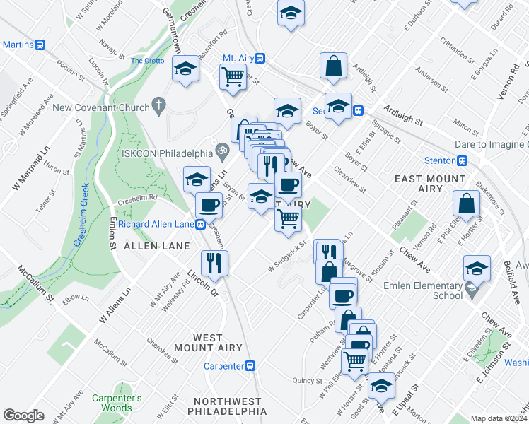 map of restaurants, bars, coffee shops, grocery stores, and more near 7125 Bryan Street in Philadelphia