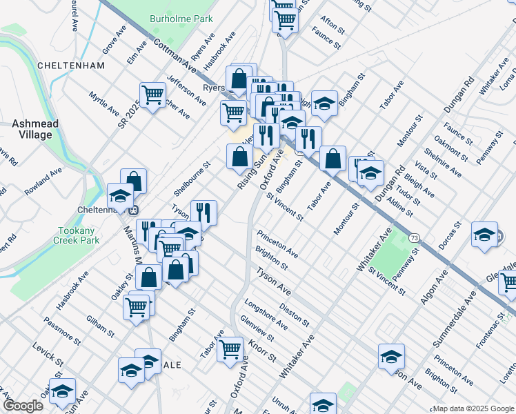 map of restaurants, bars, coffee shops, grocery stores, and more near 7115 Oxford Avenue in Philadelphia