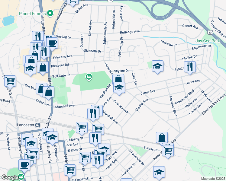 map of restaurants, bars, coffee shops, grocery stores, and more near 655 Juliette Avenue in Lancaster