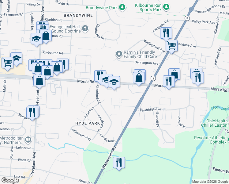 map of restaurants, bars, coffee shops, grocery stores, and more near 2899 Morse Road in Columbus