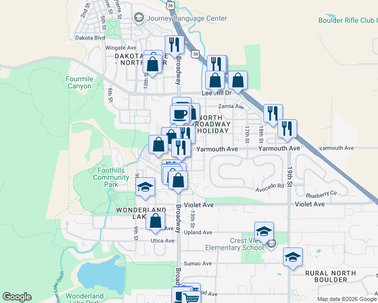 map of restaurants, bars, coffee shops, grocery stores, and more near 4580 Broadway in Boulder