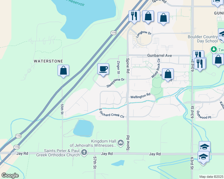 map of restaurants, bars, coffee shops, grocery stores, and more near 5849 North Orchard Creek Circle in Boulder