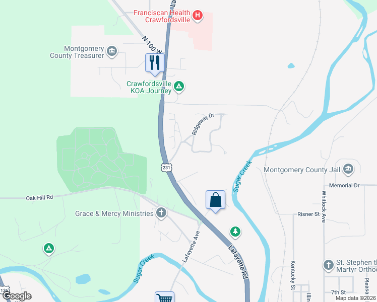 map of restaurants, bars, coffee shops, grocery stores, and more near 1101 Ridgeway Drive in Crawfordsville