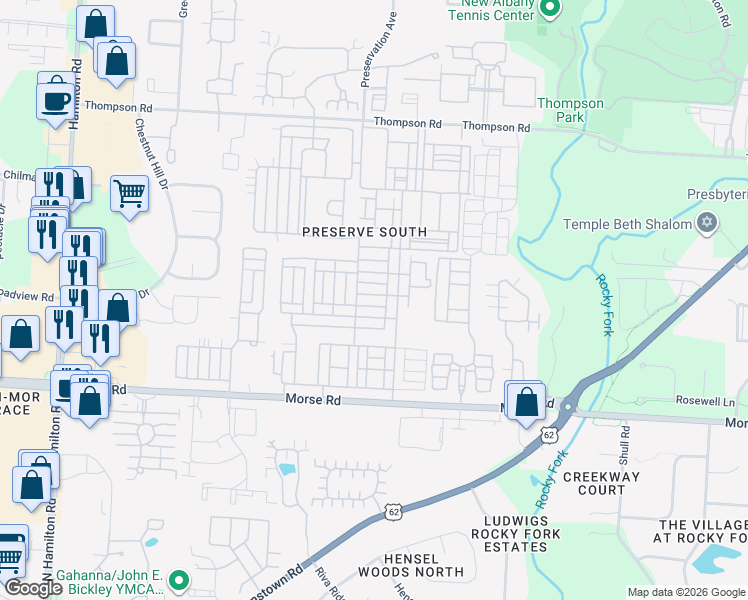 map of restaurants, bars, coffee shops, grocery stores, and more near 6327 Hares Ear Drive in Columbus