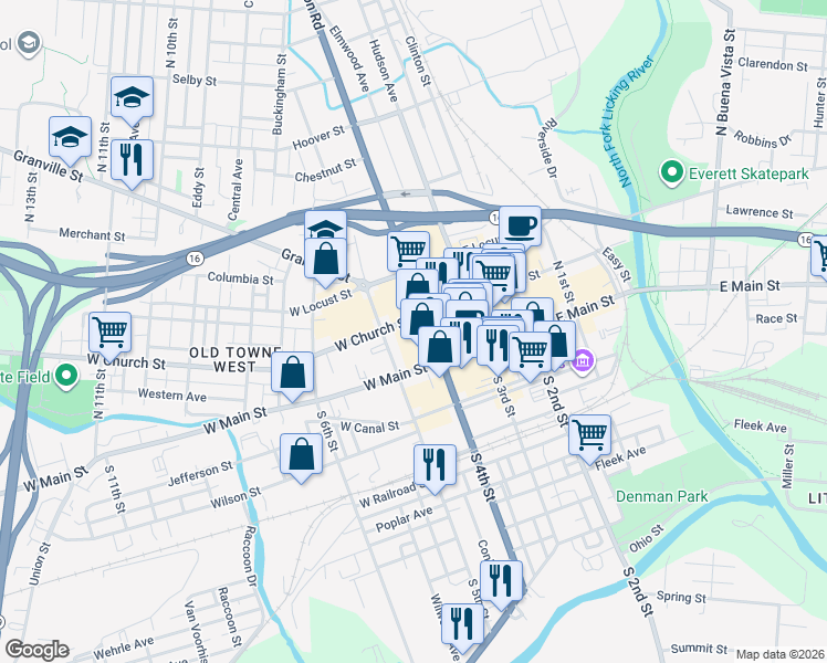 map of restaurants, bars, coffee shops, grocery stores, and more near 68 West Main Street in Newark