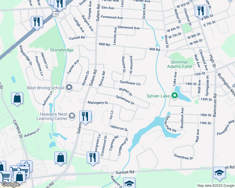 map of restaurants, bars, coffee shops, grocery stores, and more near 17 Sycamore Drive in Burlington Township