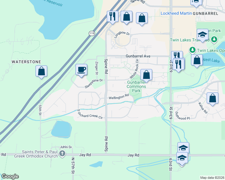 map of restaurants, bars, coffee shops, grocery stores, and more near 5961 Wellington Road in Boulder