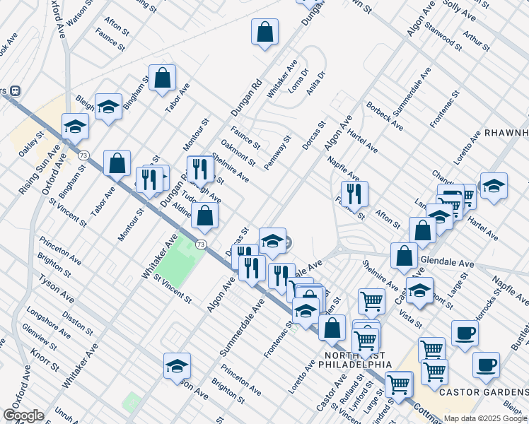 map of restaurants, bars, coffee shops, grocery stores, and more near 7401 Dorcas Street in Philadelphia