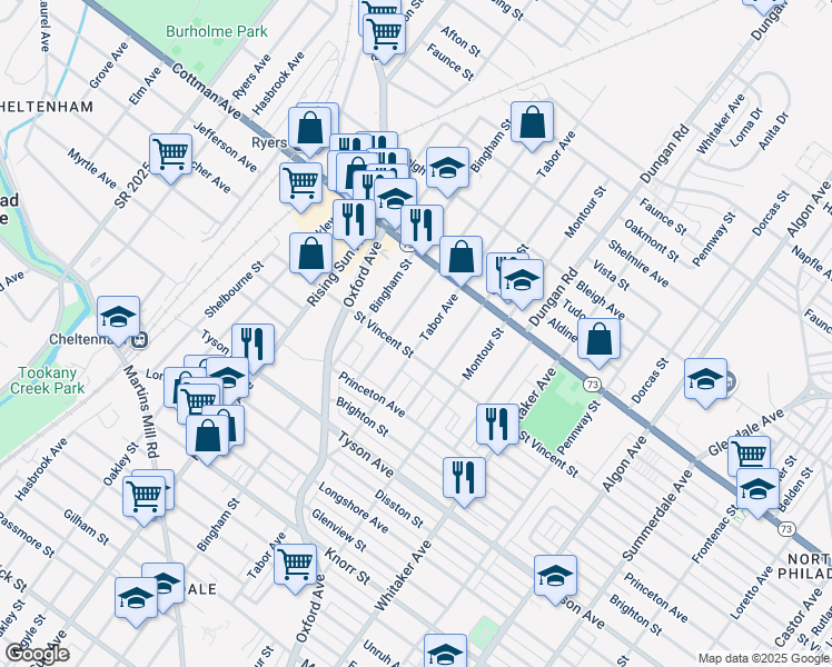 map of restaurants, bars, coffee shops, grocery stores, and more near 7152 Tabor Avenue in Philadelphia
