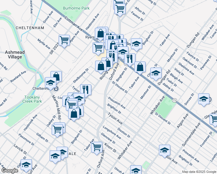 map of restaurants, bars, coffee shops, grocery stores, and more near 7103 Oxford Avenue in Philadelphia