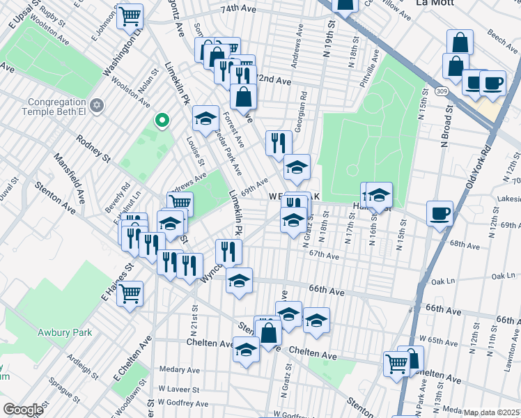 map of restaurants, bars, coffee shops, grocery stores, and more near 2018 68th Avenue in Philadelphia
