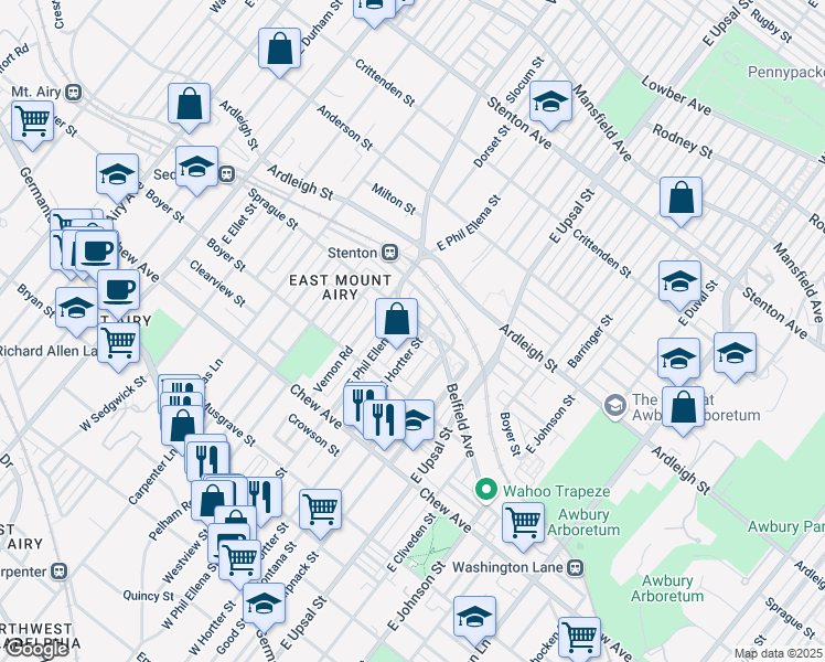 map of restaurants, bars, coffee shops, grocery stores, and more near 427 East Hortter Street in Philadelphia