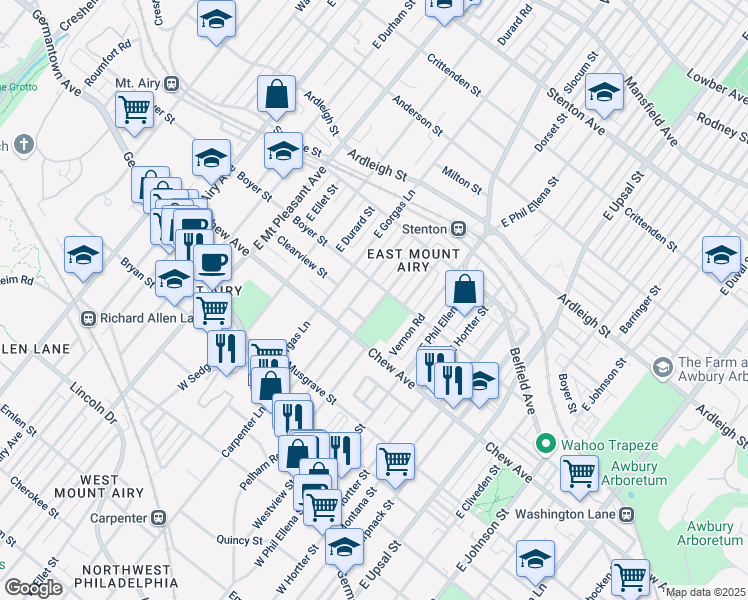map of restaurants, bars, coffee shops, grocery stores, and more near 6802 Clearview Street in Philadelphia