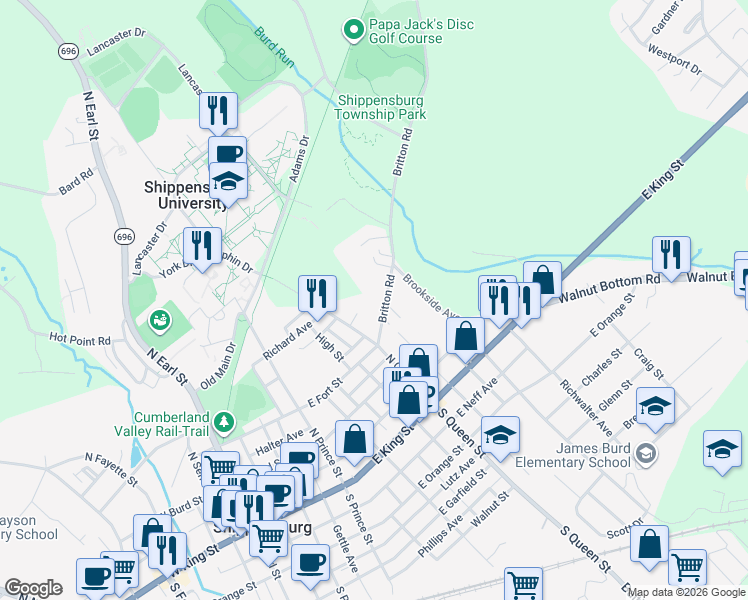 map of restaurants, bars, coffee shops, grocery stores, and more near 201 North Queen Street in Shippensburg
