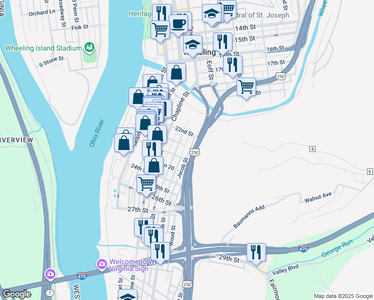 map of restaurants, bars, coffee shops, grocery stores, and more near State Highway 2 in Wheeling
