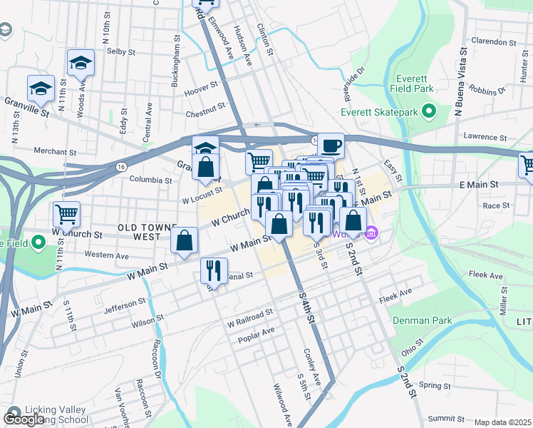 map of restaurants, bars, coffee shops, grocery stores, and more near 68 West Main Street in Newark