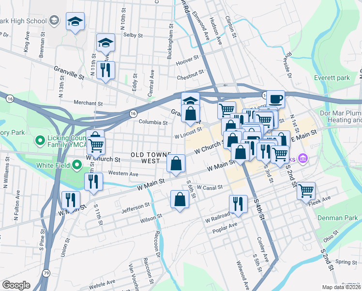 map of restaurants, bars, coffee shops, grocery stores, and more near 176 West Church Street in Newark