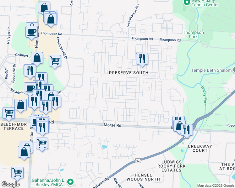 map of restaurants, bars, coffee shops, grocery stores, and more near 6189 Needletail Road in Columbus
