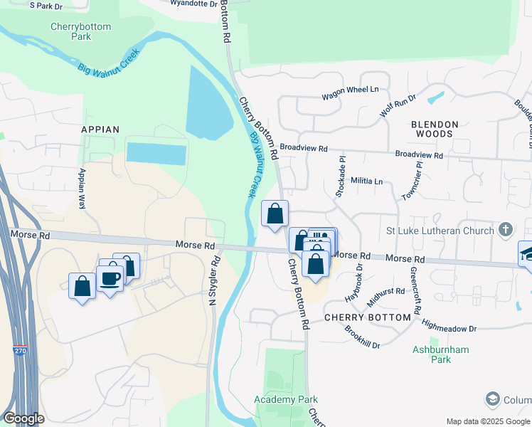 map of restaurants, bars, coffee shops, grocery stores, and more near 4885 Cherry Bottom Road in Columbus