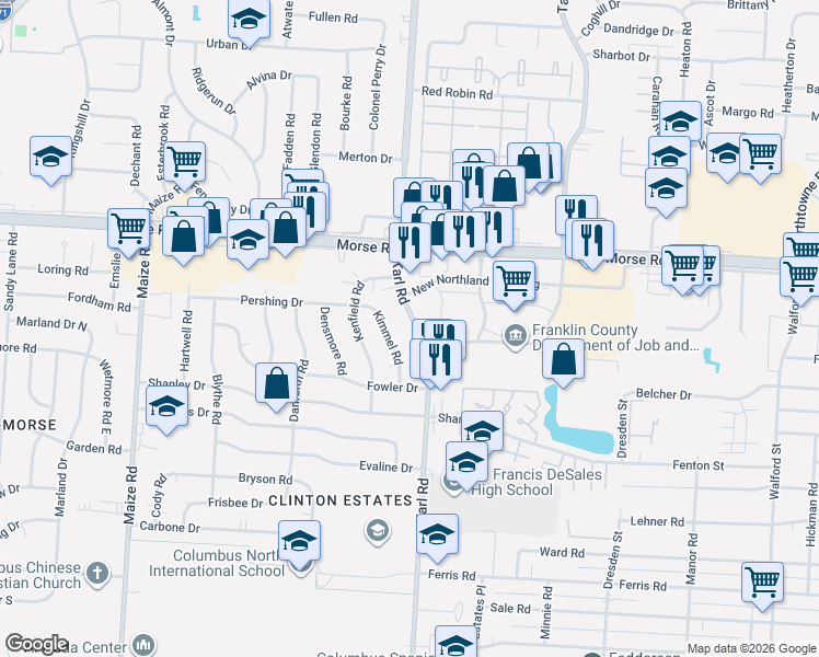 map of restaurants, bars, coffee shops, grocery stores, and more near 4426 Kimmel Road in Columbus