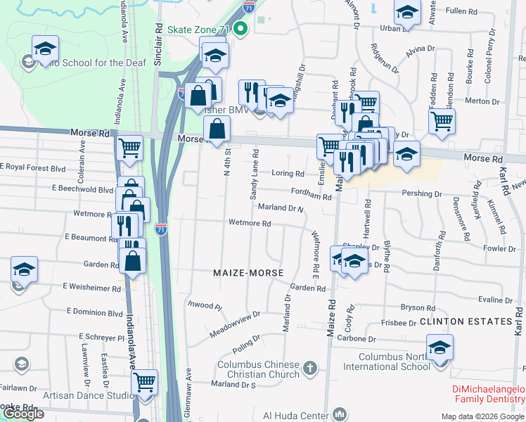 map of restaurants, bars, coffee shops, grocery stores, and more near 1012 Wetmore Road in Columbus