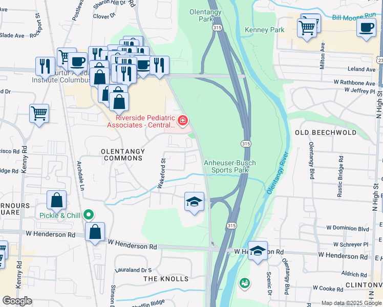 map of restaurants, bars, coffee shops, grocery stores, and more near 5950 Hedgebrooke Avenue in Columbus