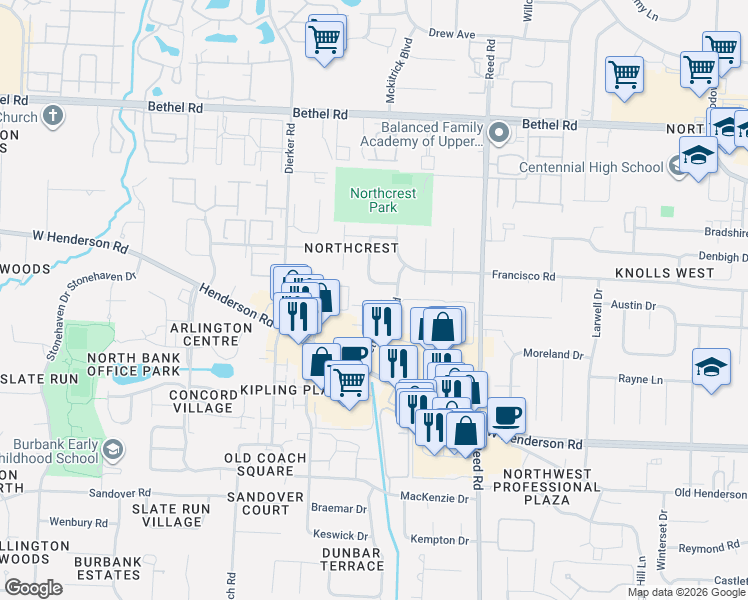 map of restaurants, bars, coffee shops, grocery stores, and more near 2012 Willoway Court South in Columbus