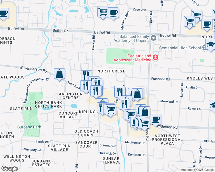 map of restaurants, bars, coffee shops, grocery stores, and more near 2049 Willoway Court South in Columbus