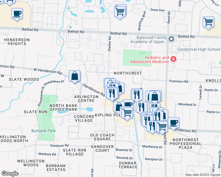 map of restaurants, bars, coffee shops, grocery stores, and more near 2094 West Henderson Road in Columbus