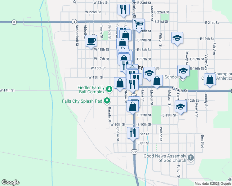 map of restaurants, bars, coffee shops, grocery stores, and more near 1200-1298 Chase Street in Falls City