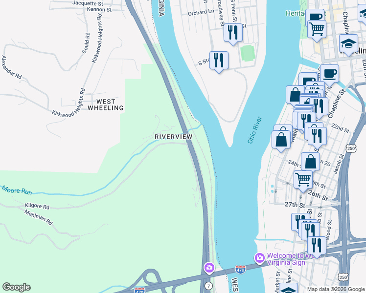 map of restaurants, bars, coffee shops, grocery stores, and more near 57934 Kilgore Road in Bellaire