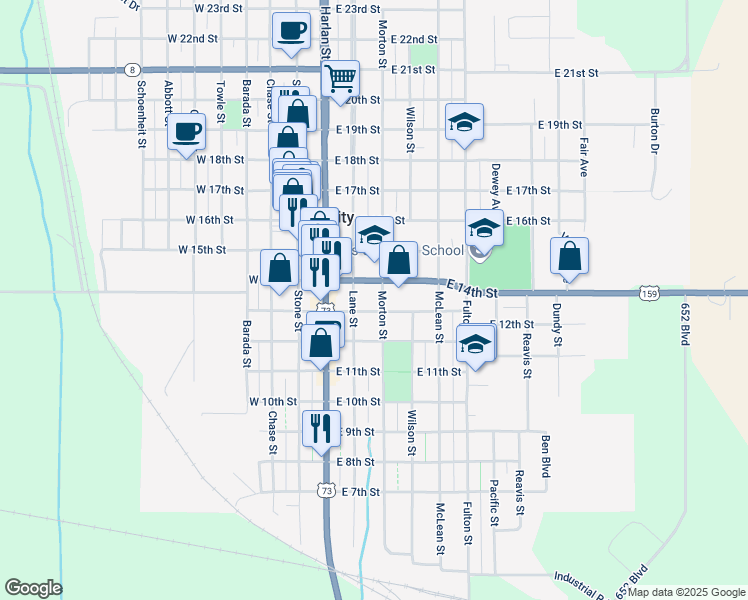 map of restaurants, bars, coffee shops, grocery stores, and more near 1201-1299 Morton Street in Falls City