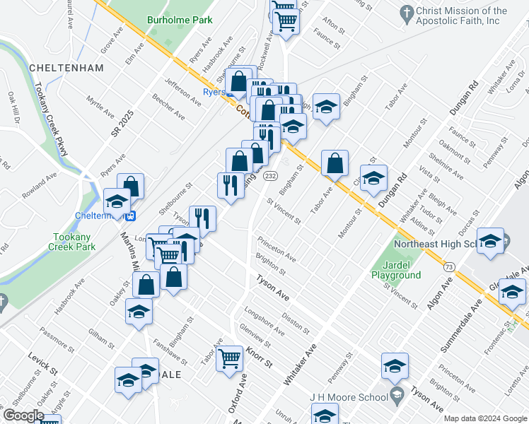map of restaurants, bars, coffee shops, grocery stores, and more near 7136 Bingham Street in Philadelphia