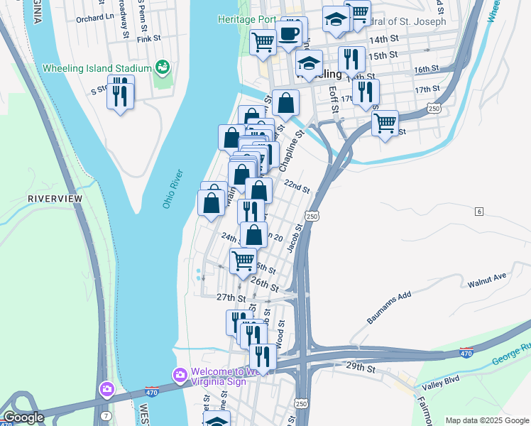 map of restaurants, bars, coffee shops, grocery stores, and more near Chapline Street in Wheeling